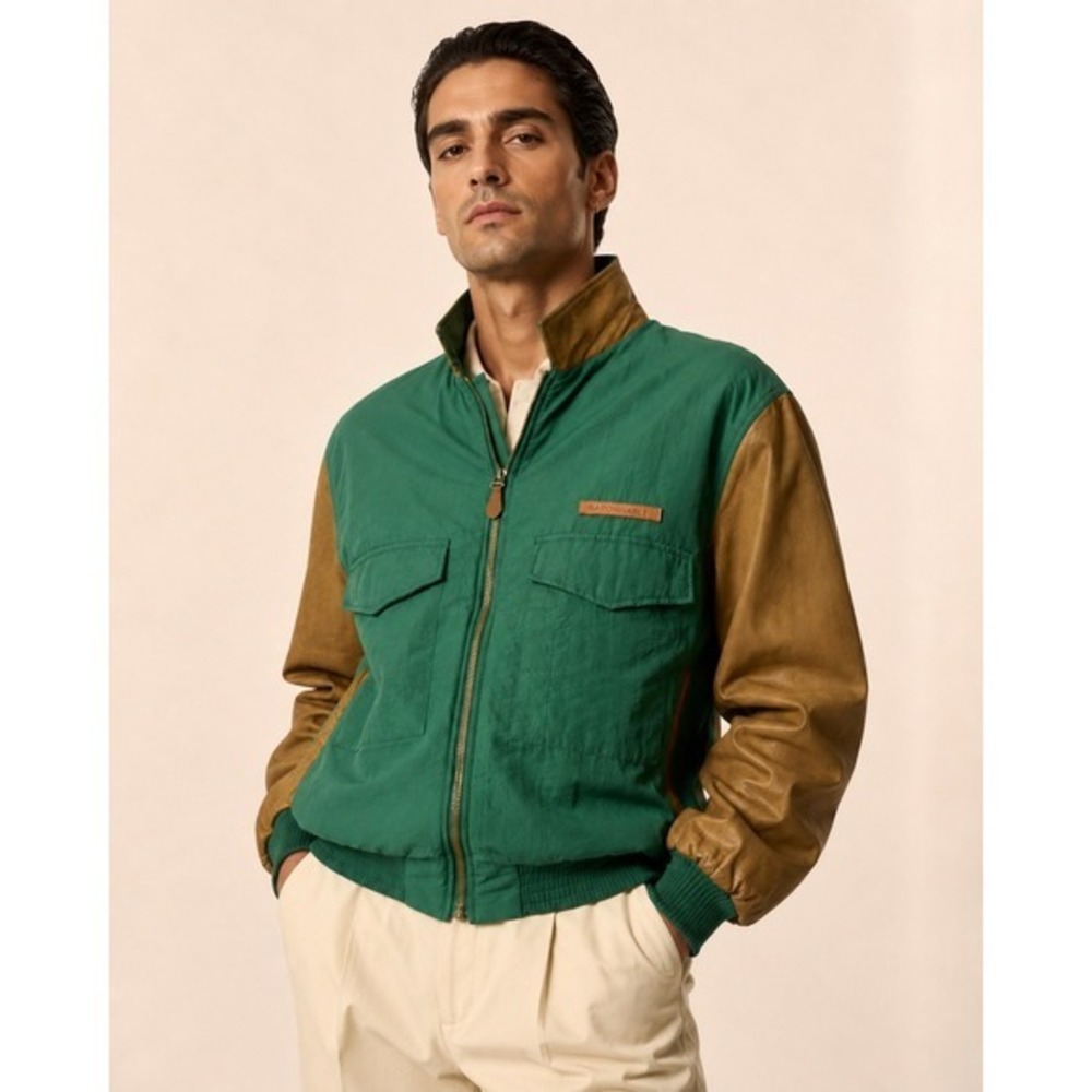 VTG Faconnable Albert Goldberg Bomber Jacket L Green Leather Sleeve Gorpcore